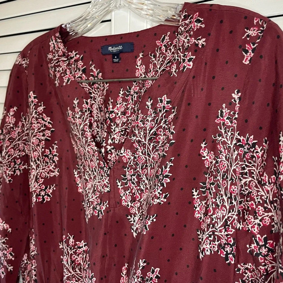 Madewell Silk Lassi Burgundy Floral Polka Dot Mini Pockets Lined Dress Size 4 - Picture 4 of 16